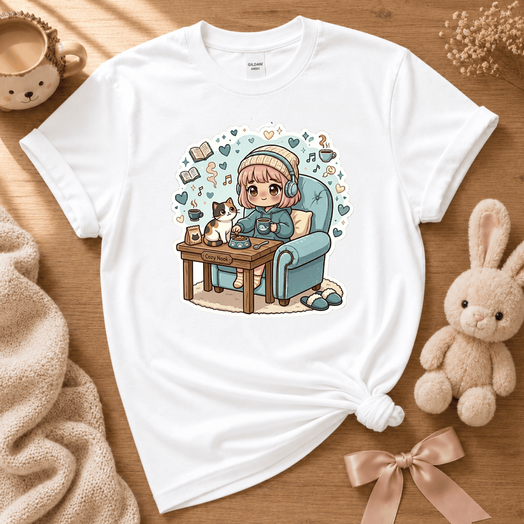 Cat Cozy Nook cute animal graphic t-shirt cozy flat lay in white.