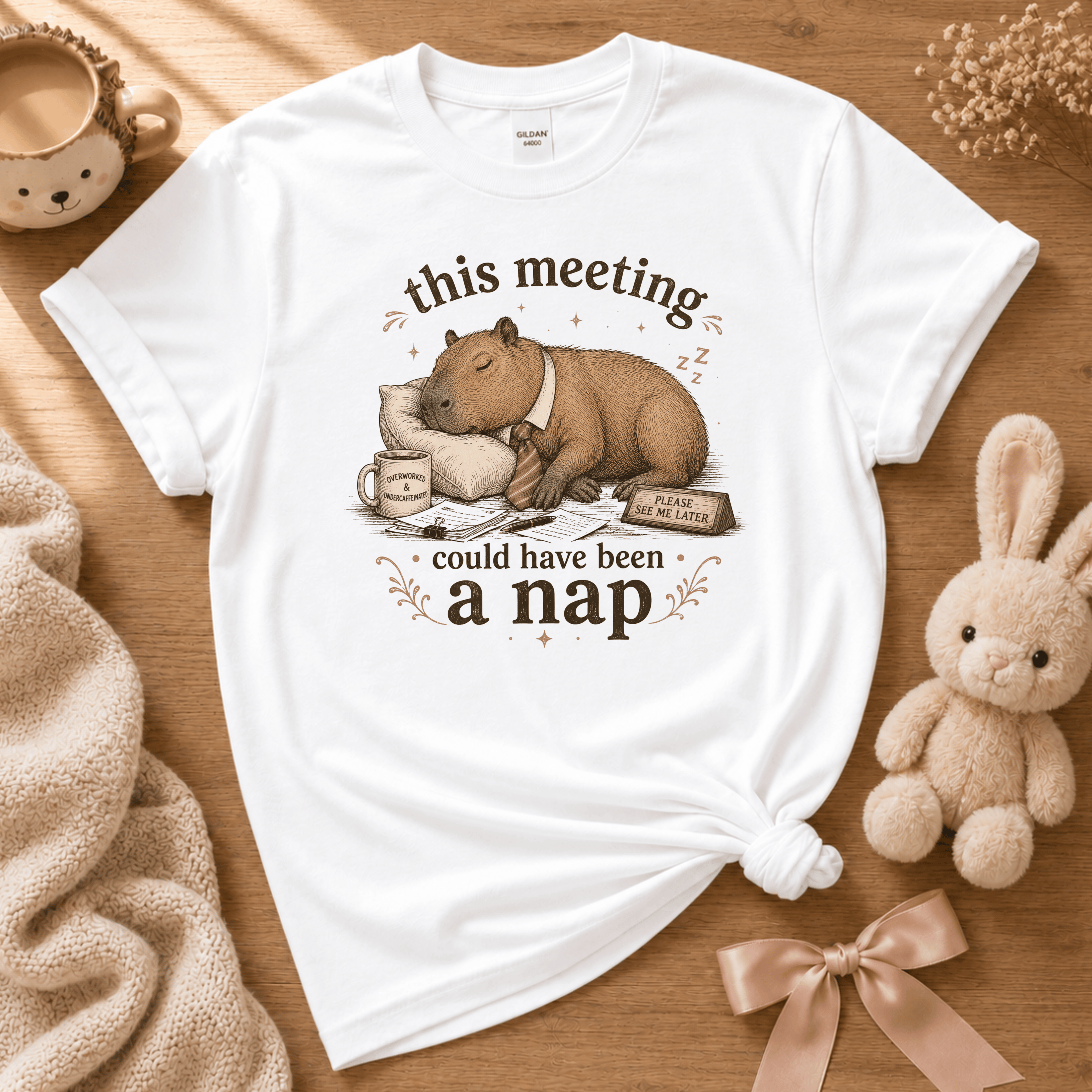 This Meeting cute animal graphic t-shirt cozy flat lay in white.