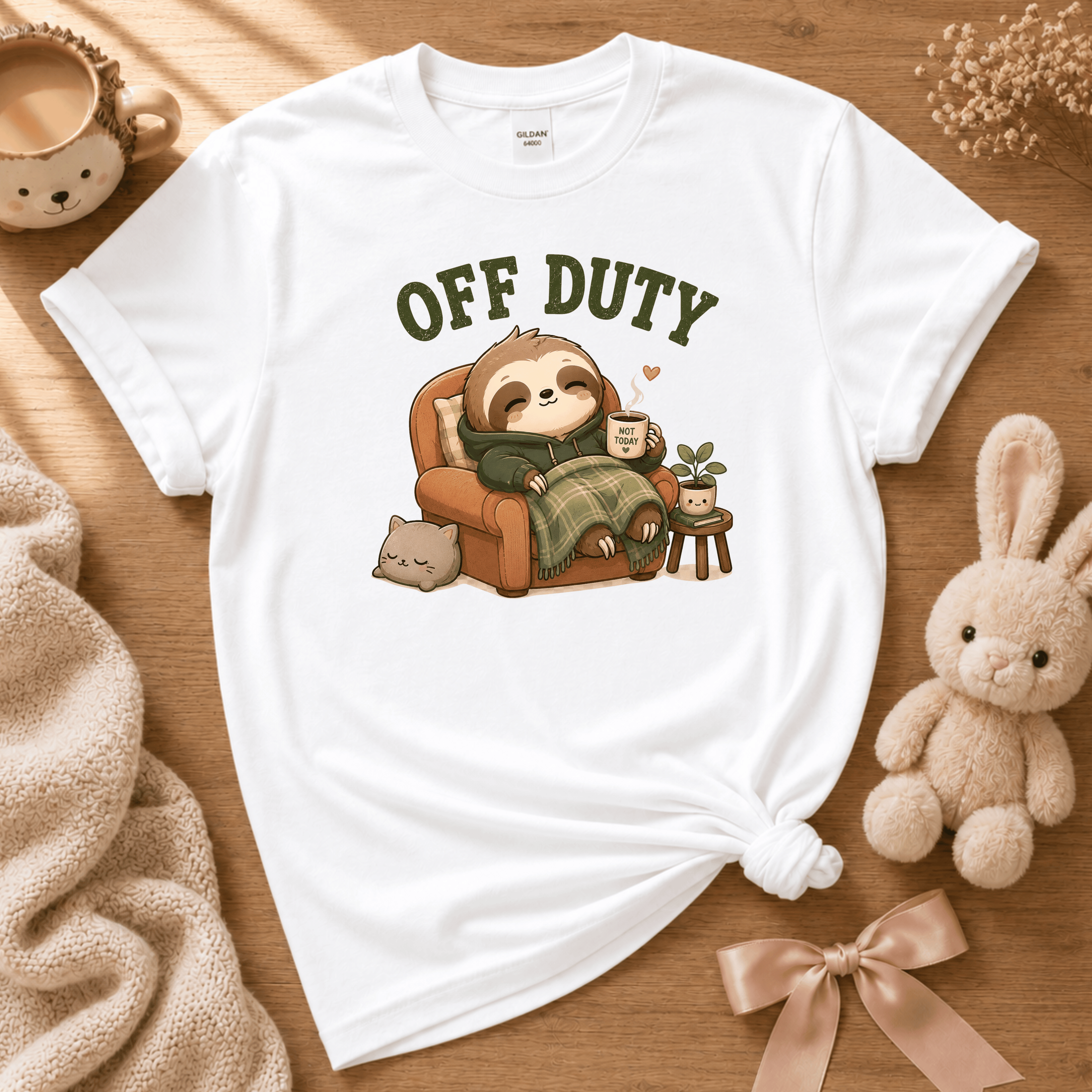 Off Duty cute animal graphic t-shirt cozy flat lay in white.