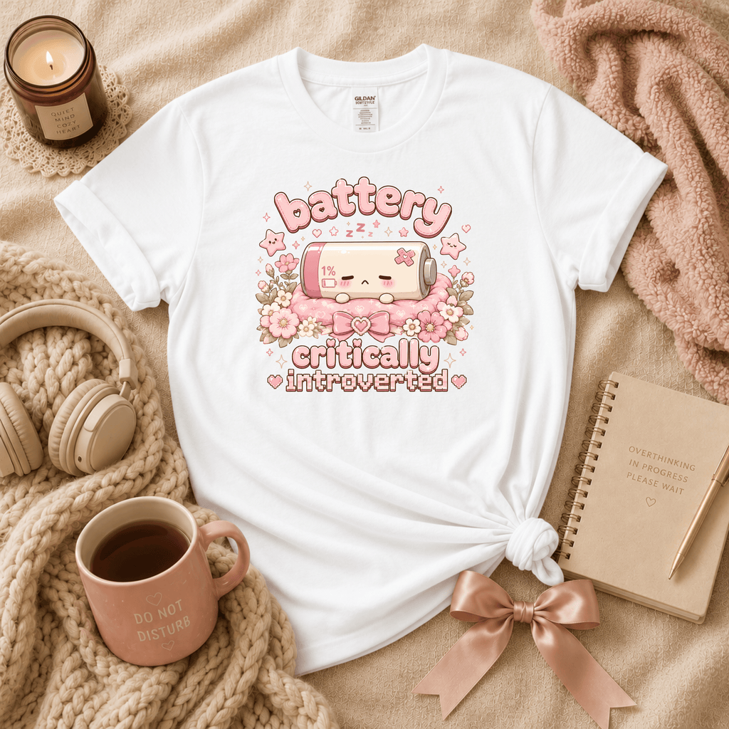 Cute Battery introvert graphic t-shirt cozy flat lay in white.