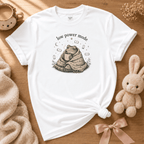 Low Power Mode cute animal graphic t-shirt displayed in a cozy flat lay in white.