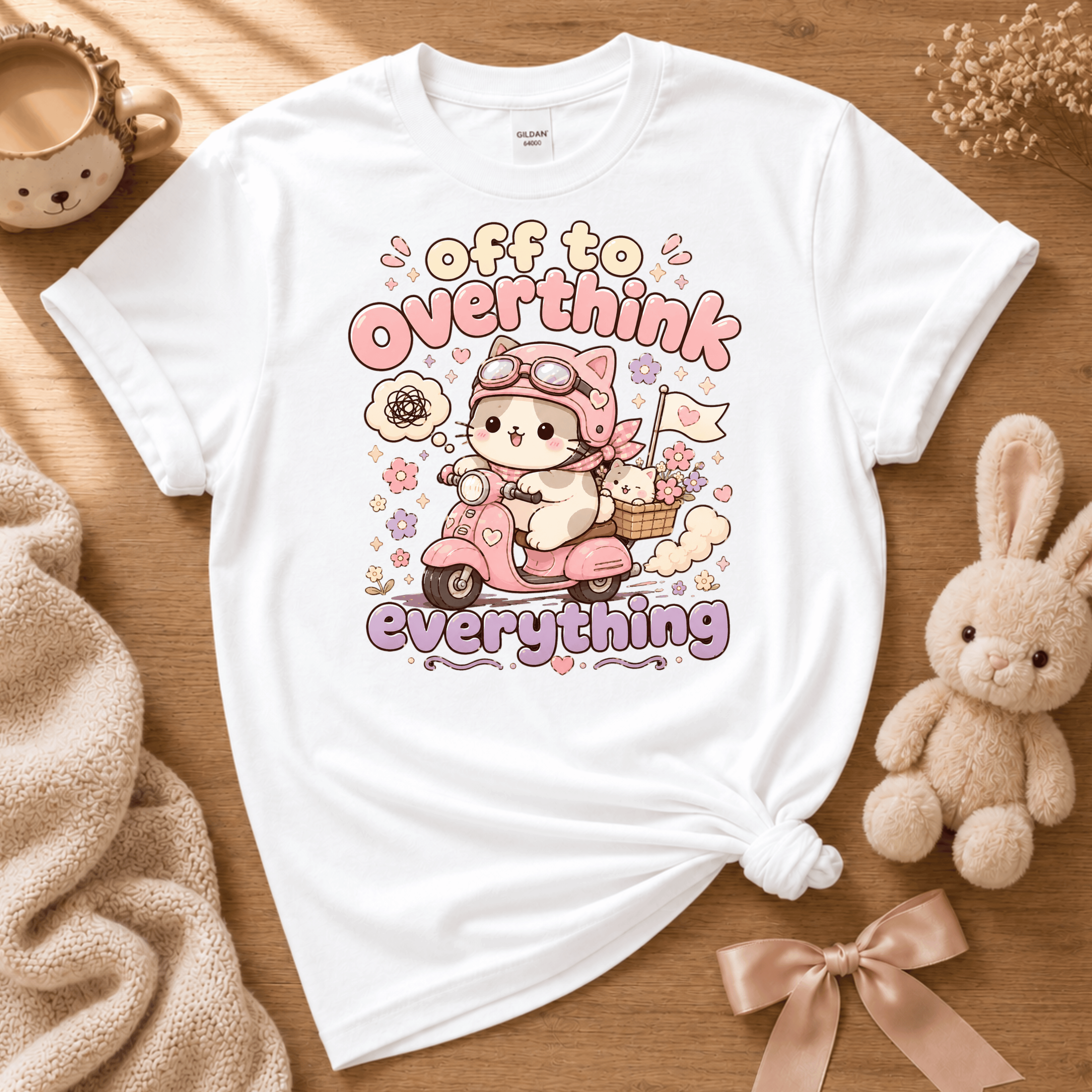 Overthink Cat cute animal graphic t-shirt cozy flat lay in white.
