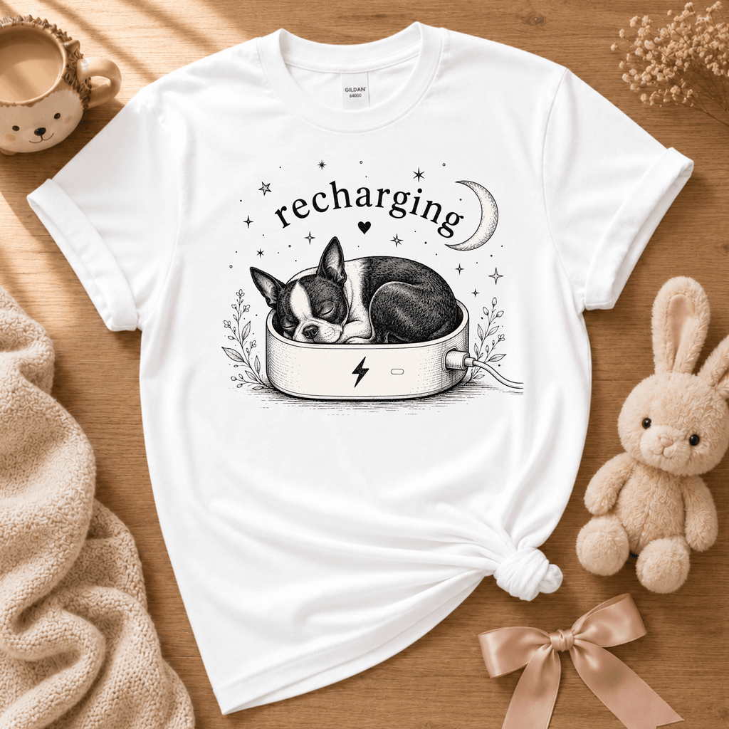 Recharging Boston cute animal graphic t-shirt cozy flat lay in white.