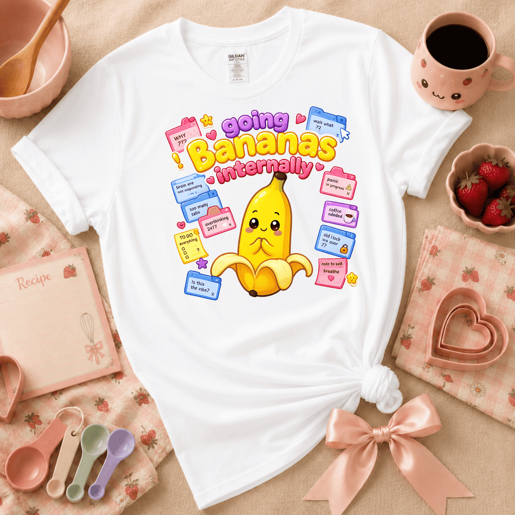 Going Bananas kawaii cute fruit graphic t-shirt displayed in a cozy flat lay in white.