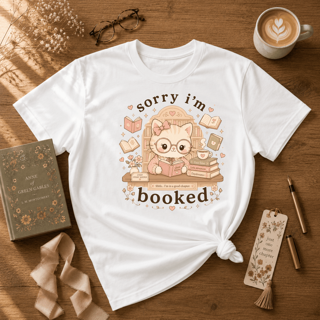 Sorry I'm Booked book lover graphic t-shirt flat lay in white.