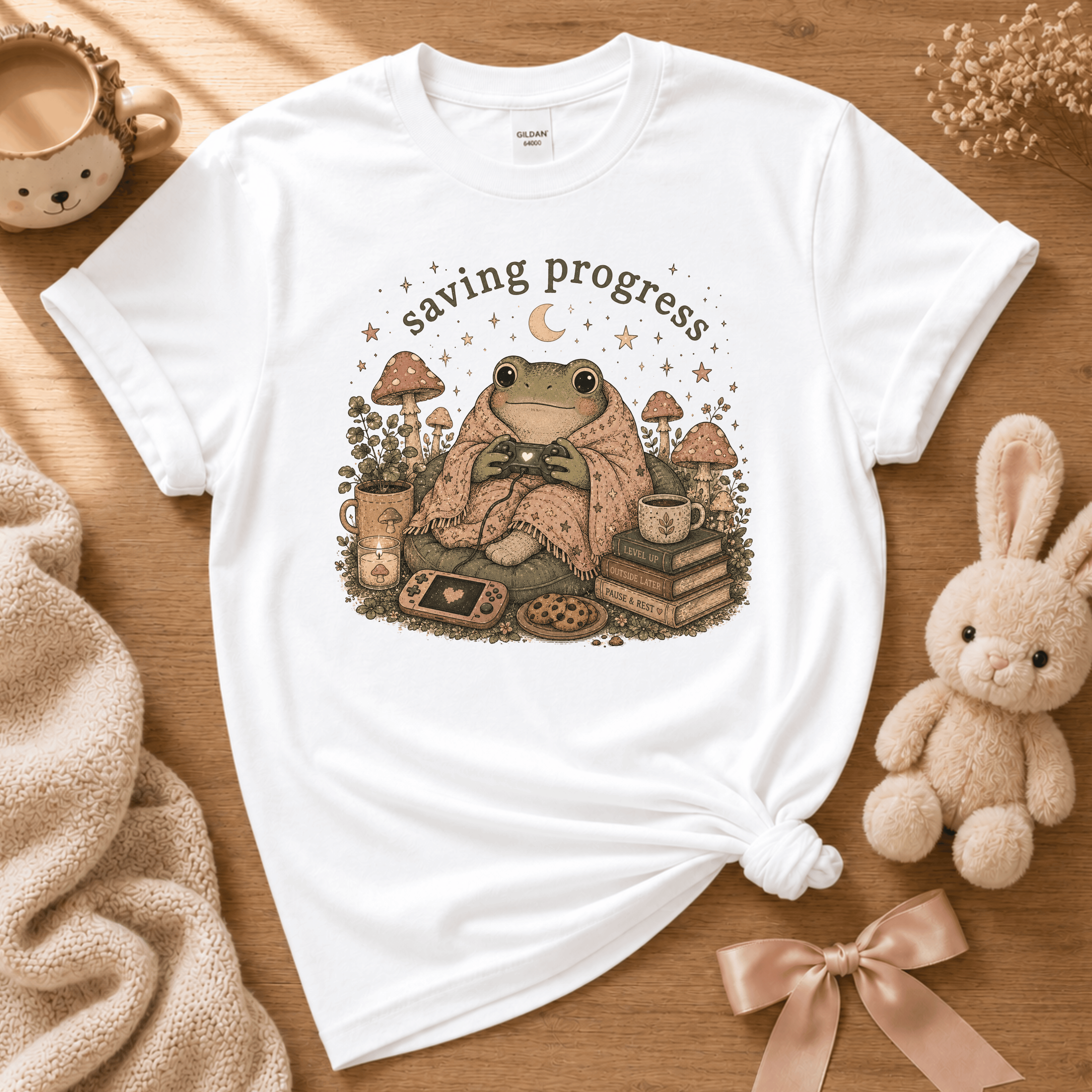 Saving Progress introvert graphic t-shirt cozy flat lay in white.