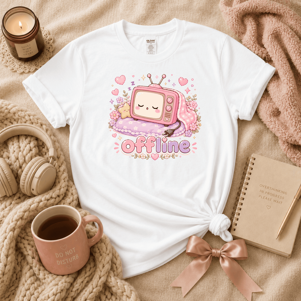 Offline introvert graphic t-shirt cozy flat lay in white.