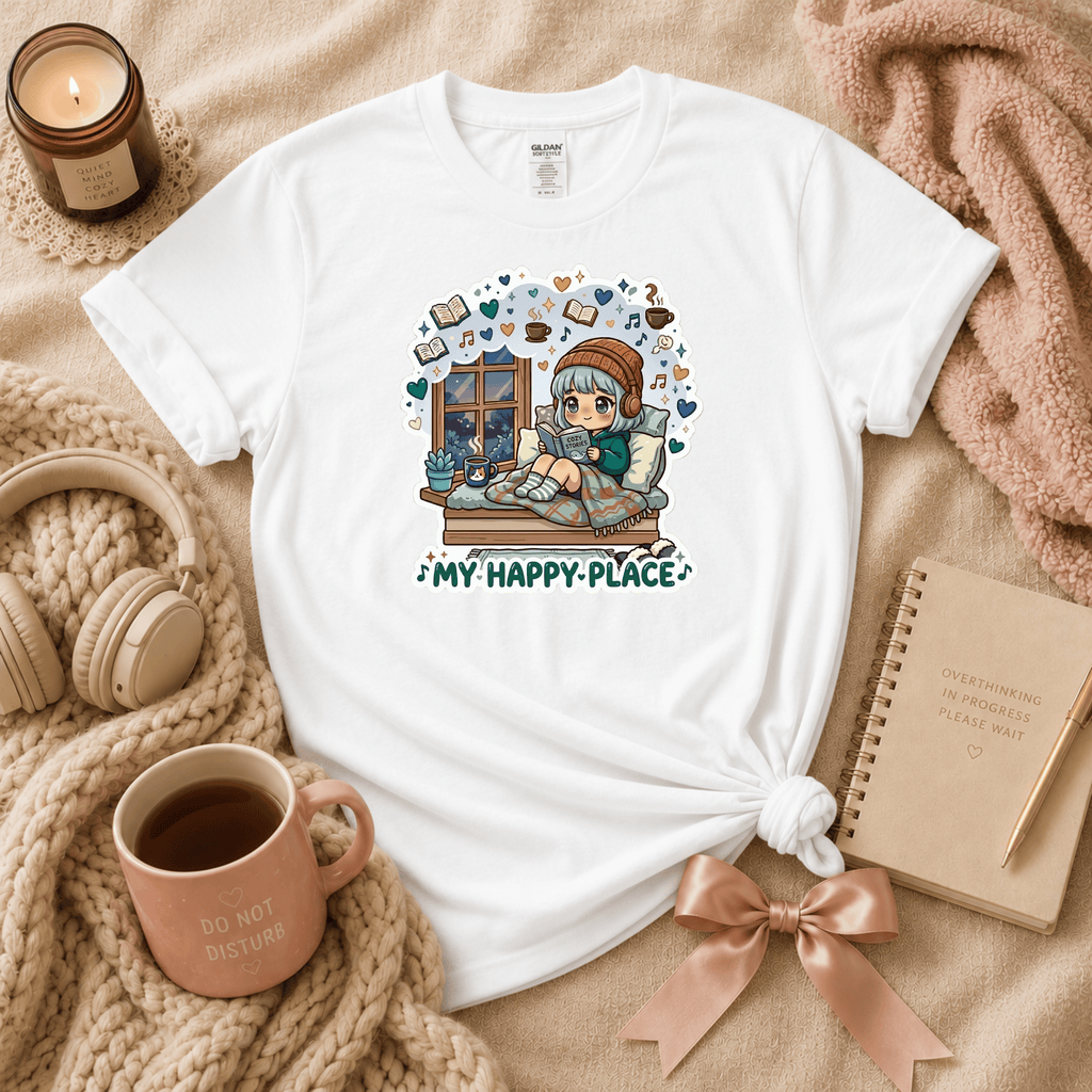 My Happy Place introvert graphic t-shirt cozy flat lay in white.