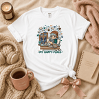 My Happy Place introvert graphic t-shirt cozy flat lay in white.