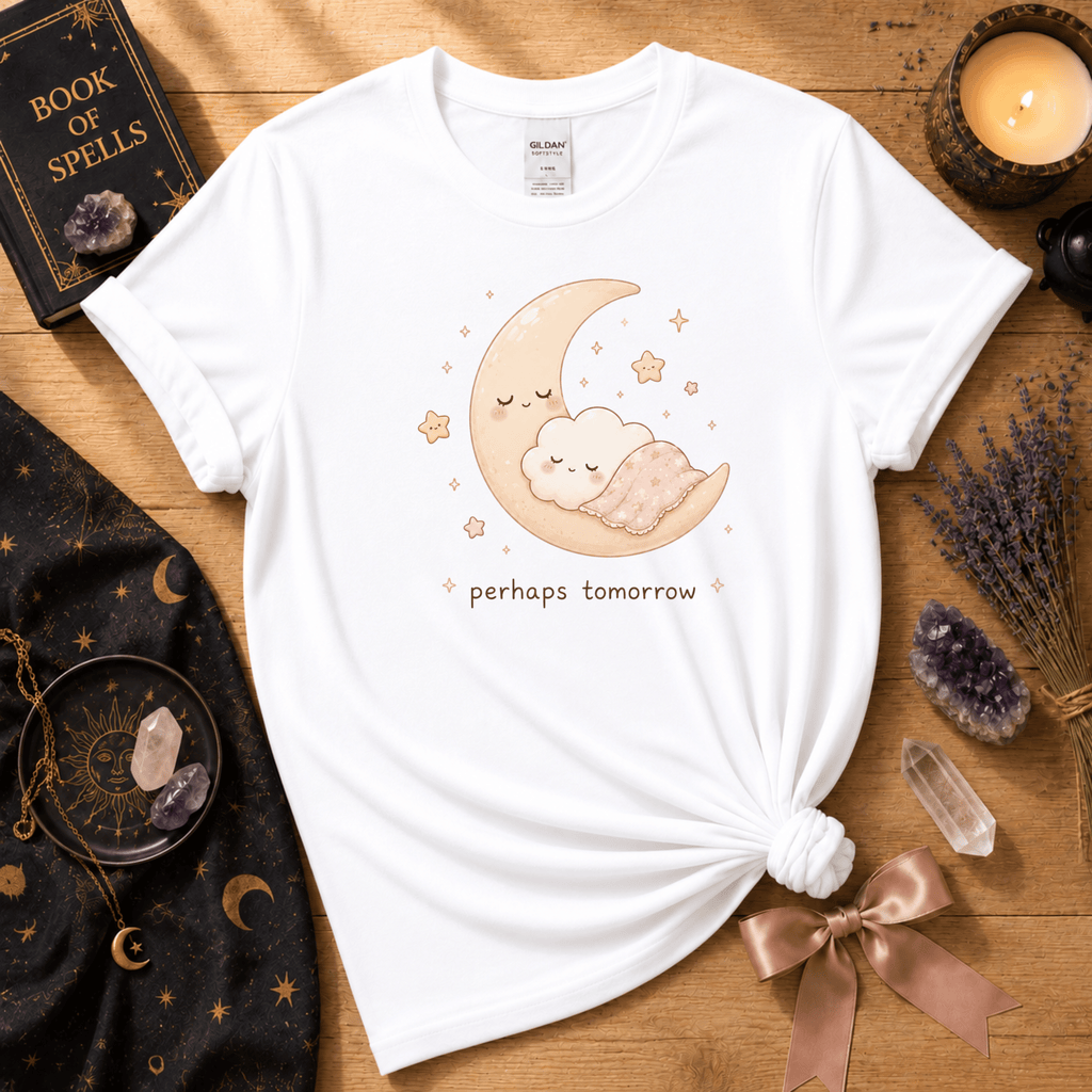 Perhaps Tomorrow introvert graphic t-shirt cozy flat lay in white.