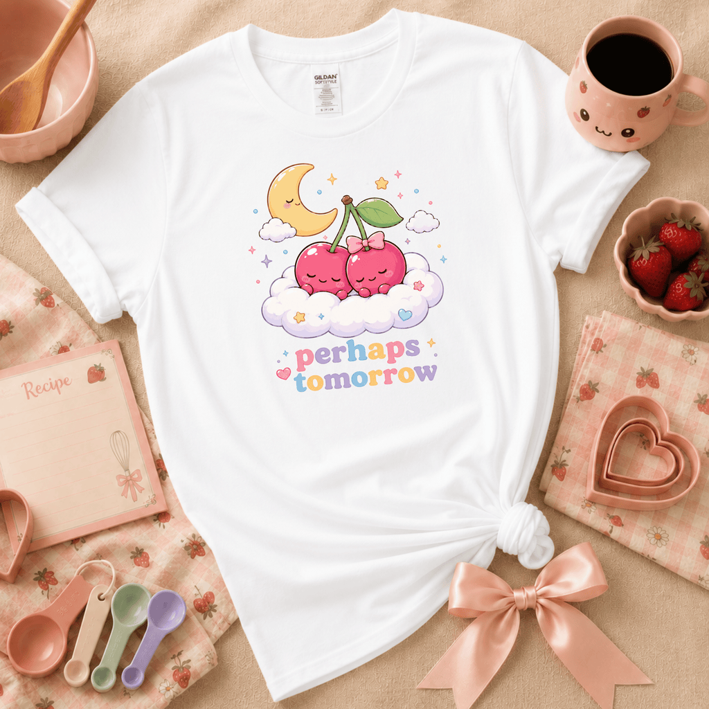Perhaps Tomorrow Kawaii graphic t-shirt cozy flat lay in white.