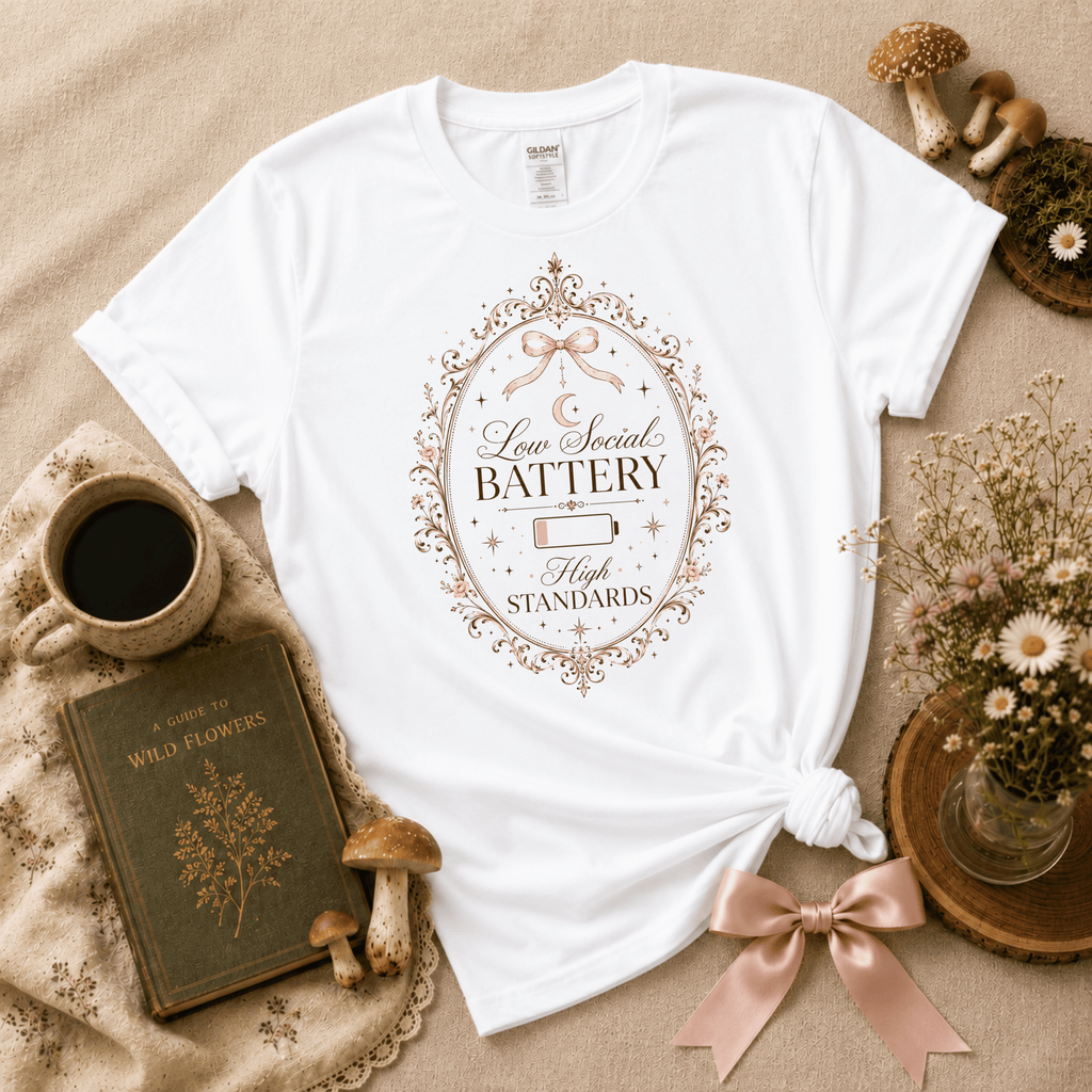 High Standards introvert graphic t-shirt cozy flat lay in white.