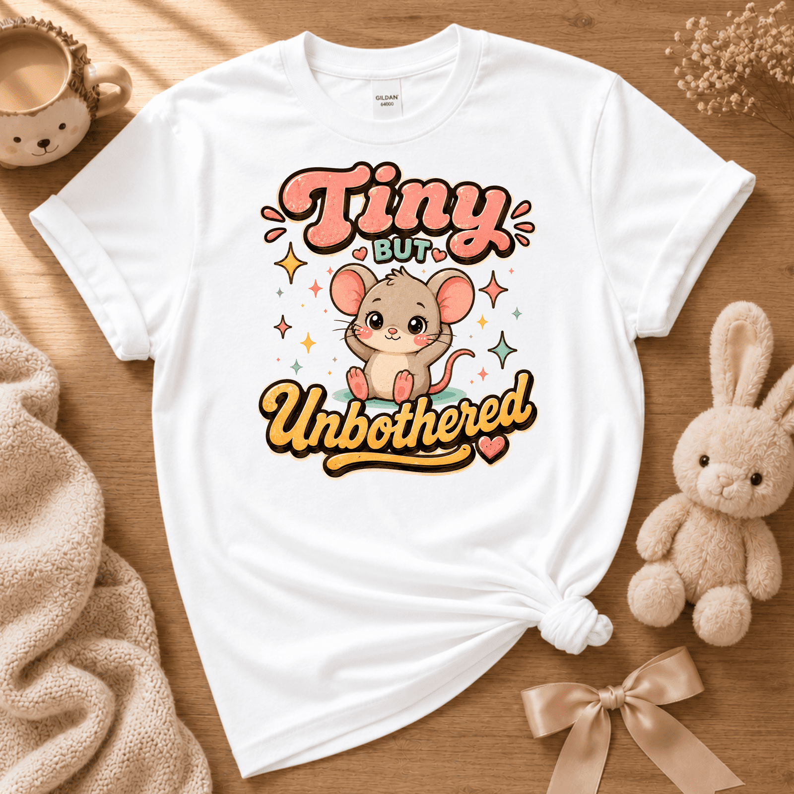 Tiny But Unbothered cute animal graphic t-shirt displayed in a cozy flat lay in white.