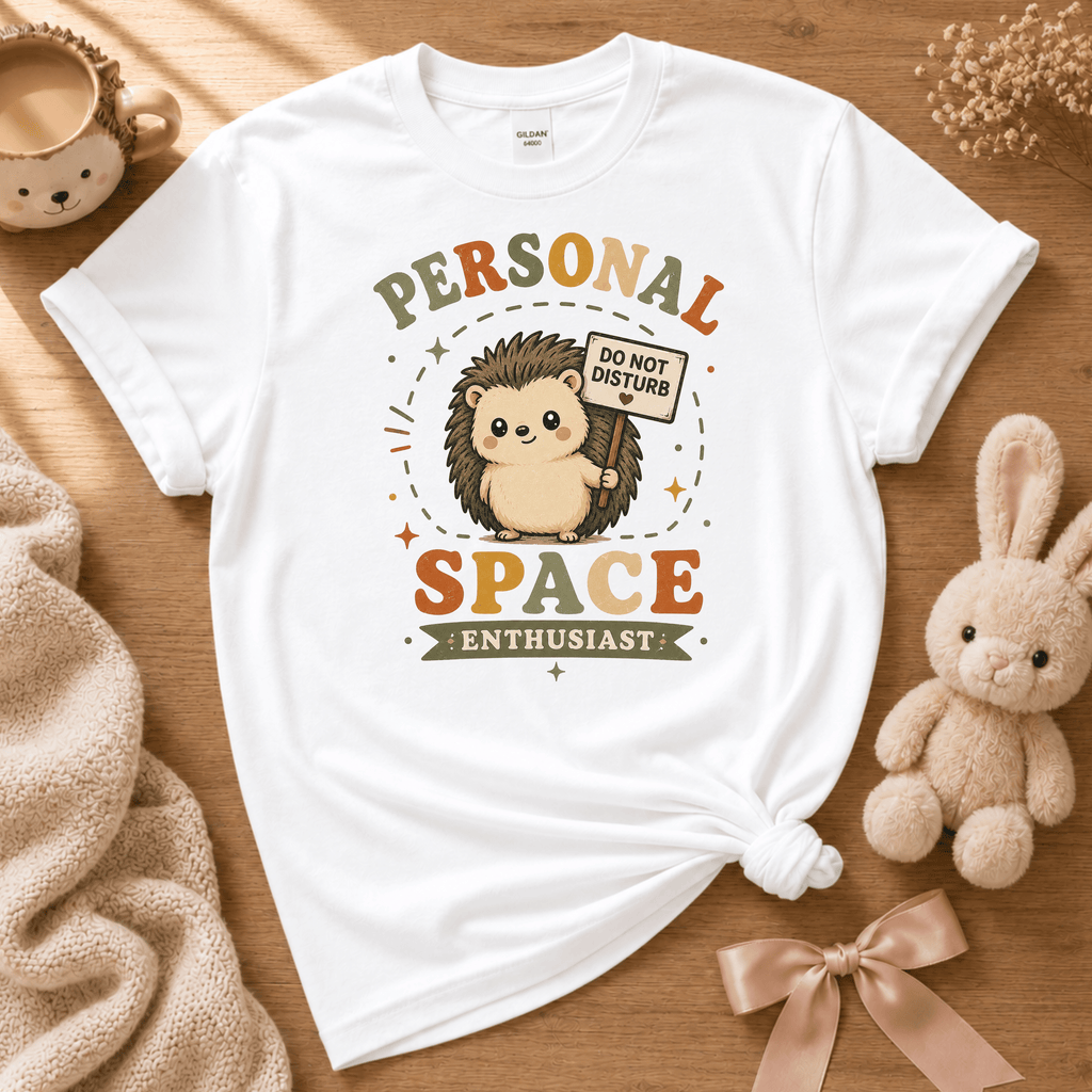 Personal Space Enthusiast cute animal graphic t-shirt displayed in a cozy flat lay in white.