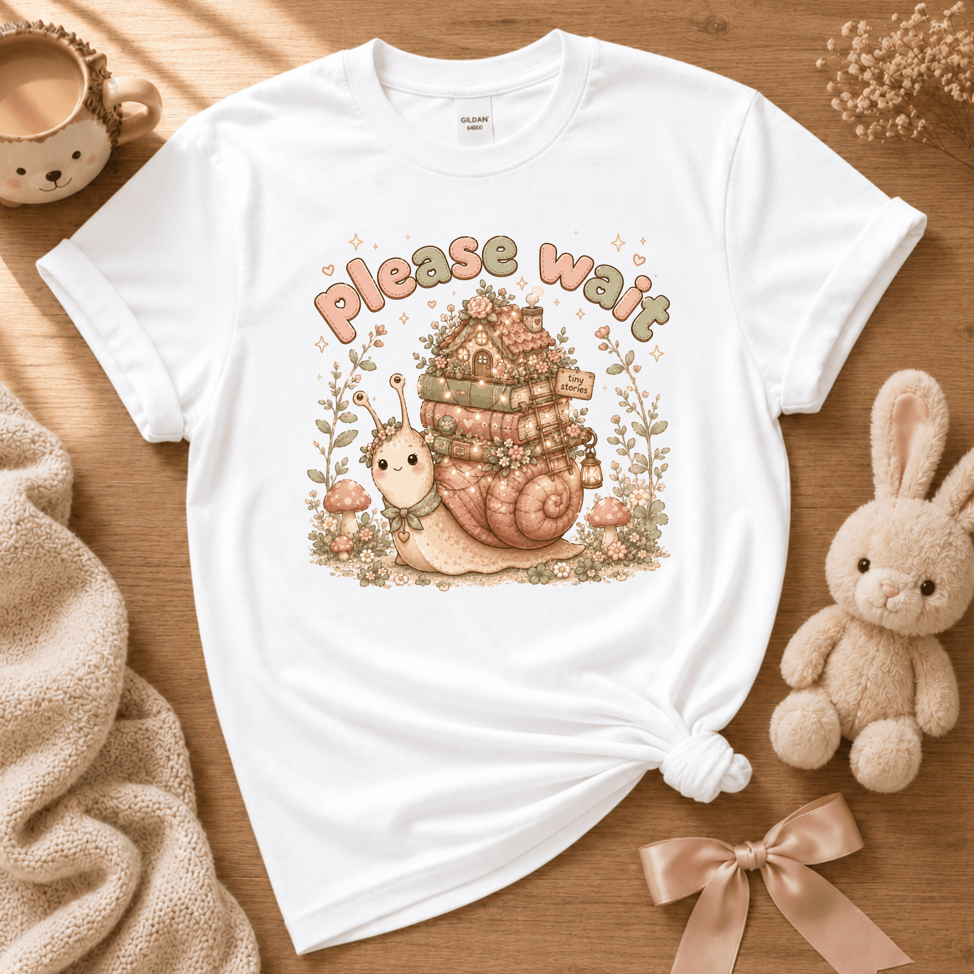 Please Wait cute animal graphic t-shirt displayed in a cozy flat lay in white.