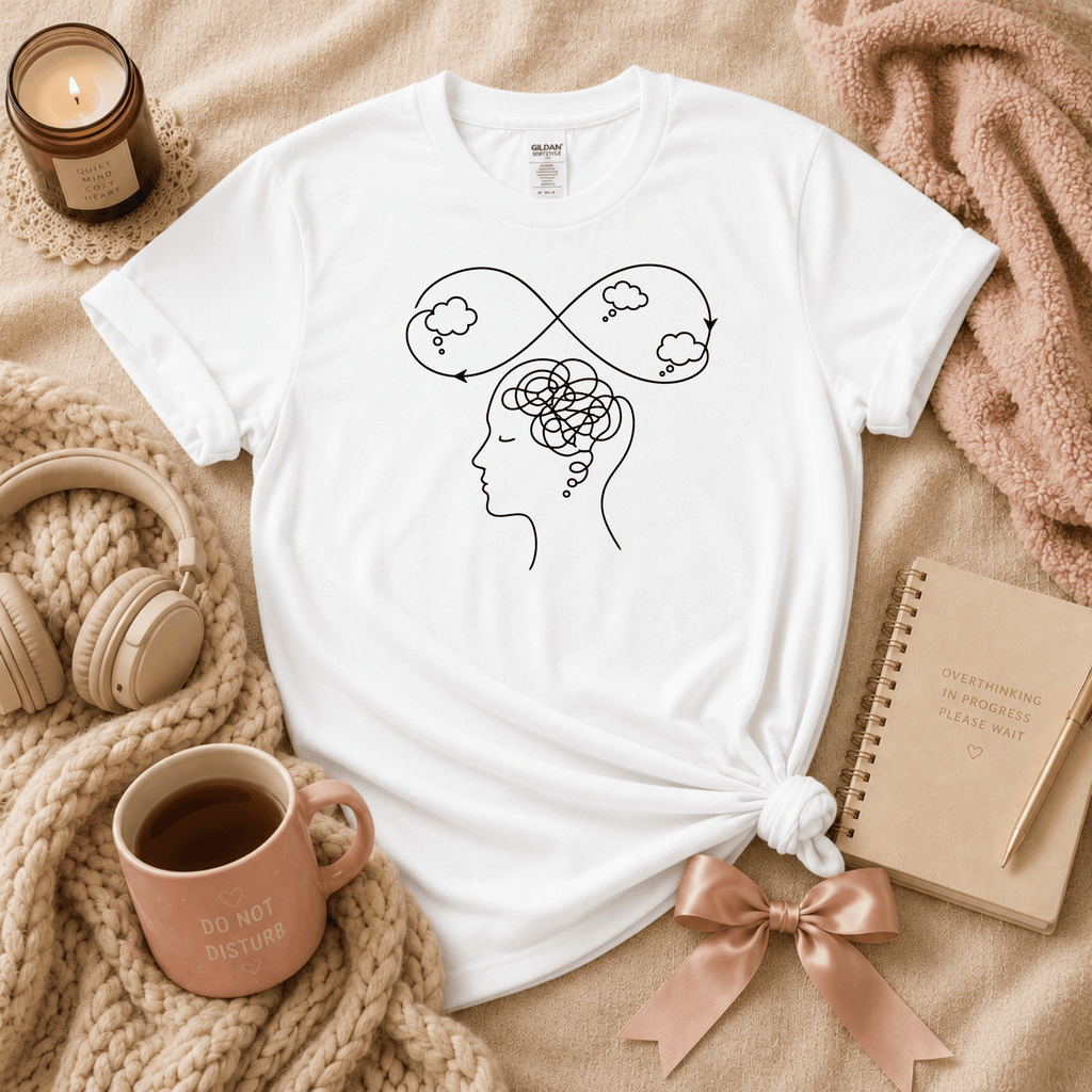 So Many Thoughts introvert graphic t-shirt cozy flat lay in white.