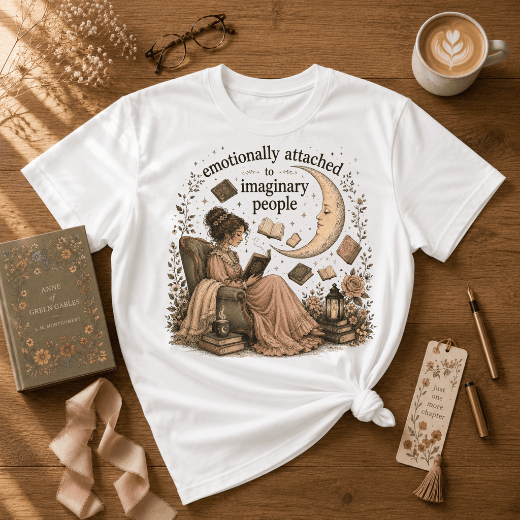 Imaginary People book lover graphic t-shirt cozy flat lay in white.