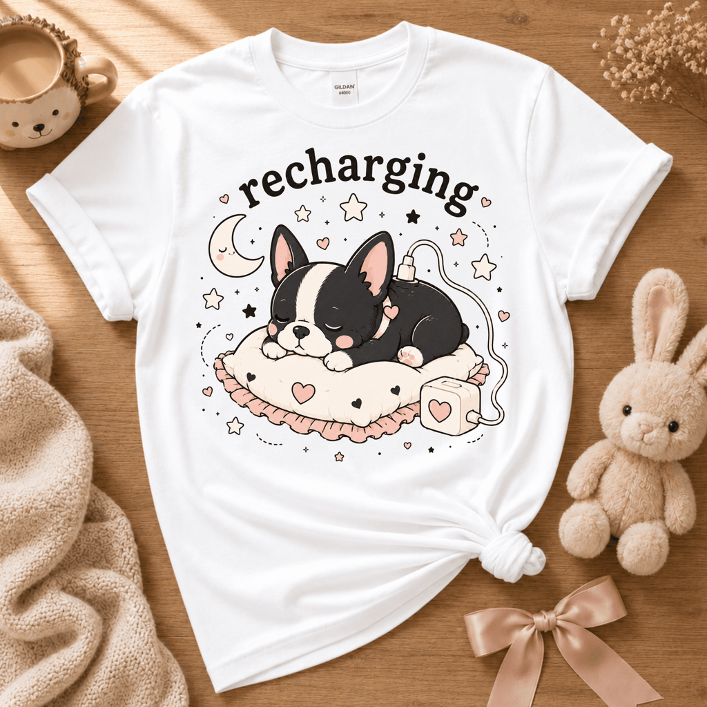 Boston Sleeping cute animal graphic t-shirt displayed in a cozy flat lay in white.