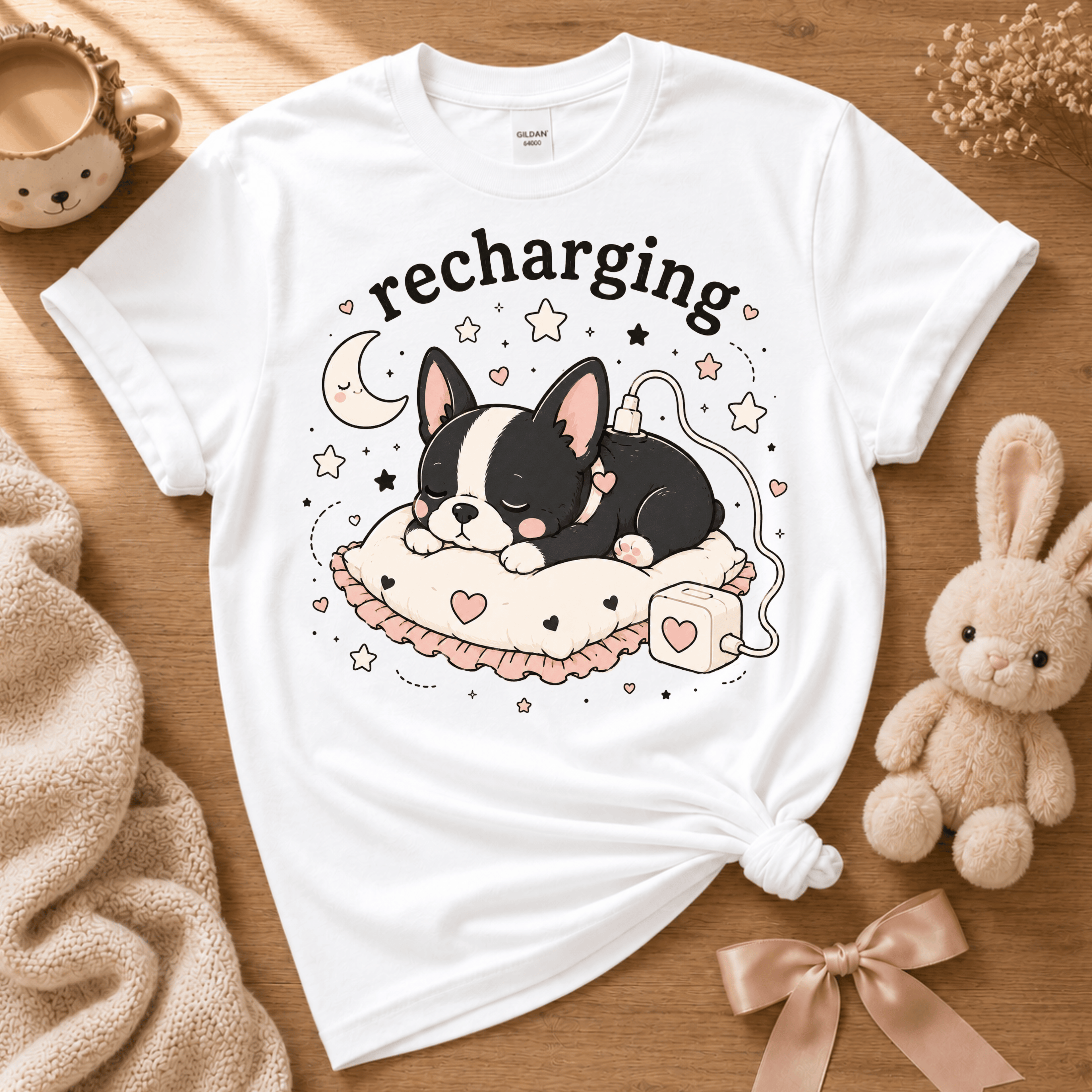 Boston Sleeping cute animal graphic t-shirt displayed in a cozy flat lay in white.