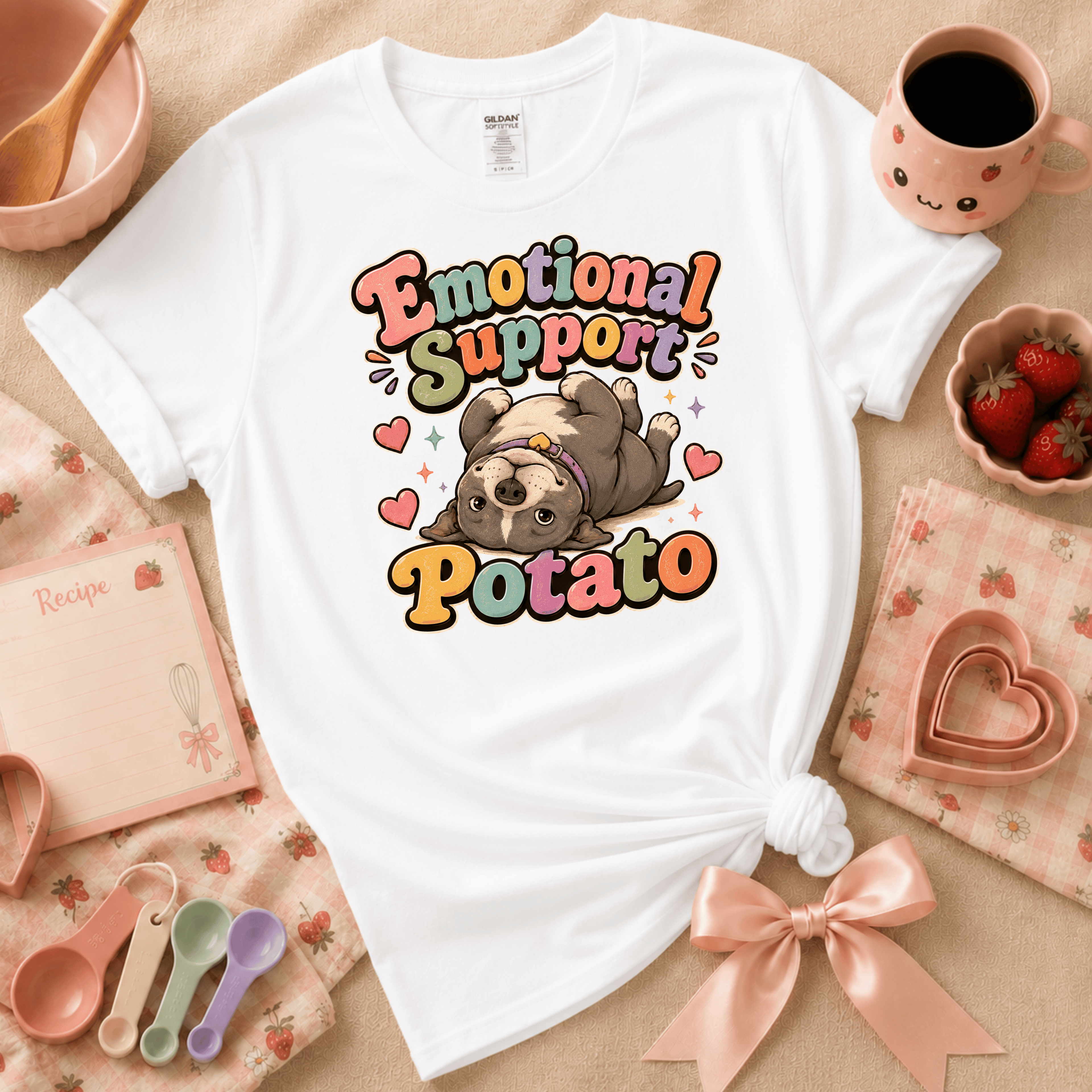 Emotional Support Potato cute animal graphic t-shirt cozy flat lay in white.