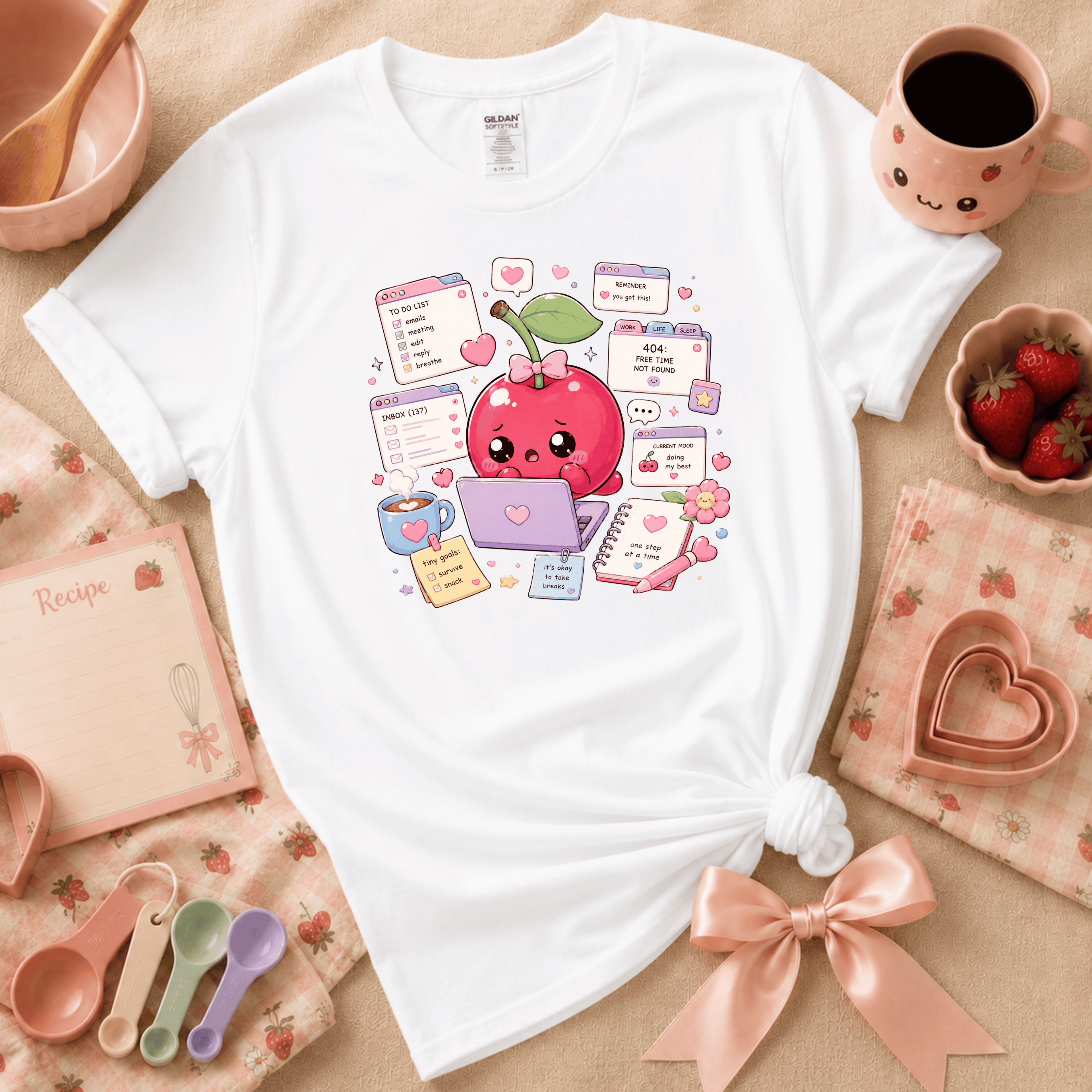 Overwhelmed Cherry | Cute Food Graphic T-Shirt