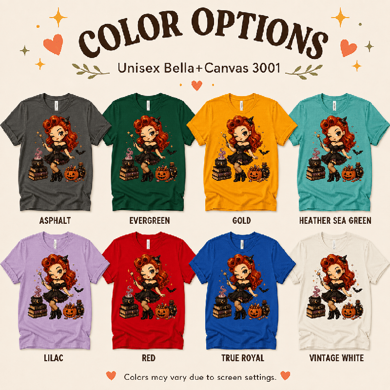 Witchy Wendy Premium T-Shirt color chart: Asphalt, Evergreen, Gold, Heather Sea Green, Lilac, Red, True Royal, Vintage White