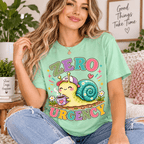 Woman wearing the Zero Urgency Premium T-Shirt in mint