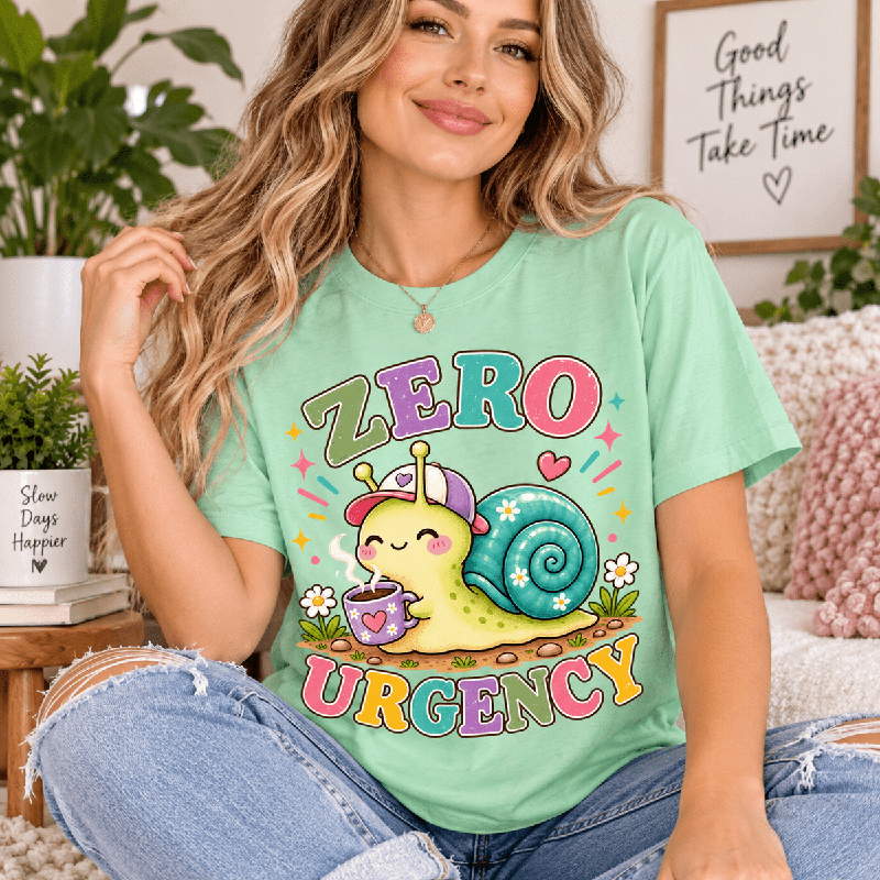 Woman wearing the Zero Urgency Premium T-Shirt in mint